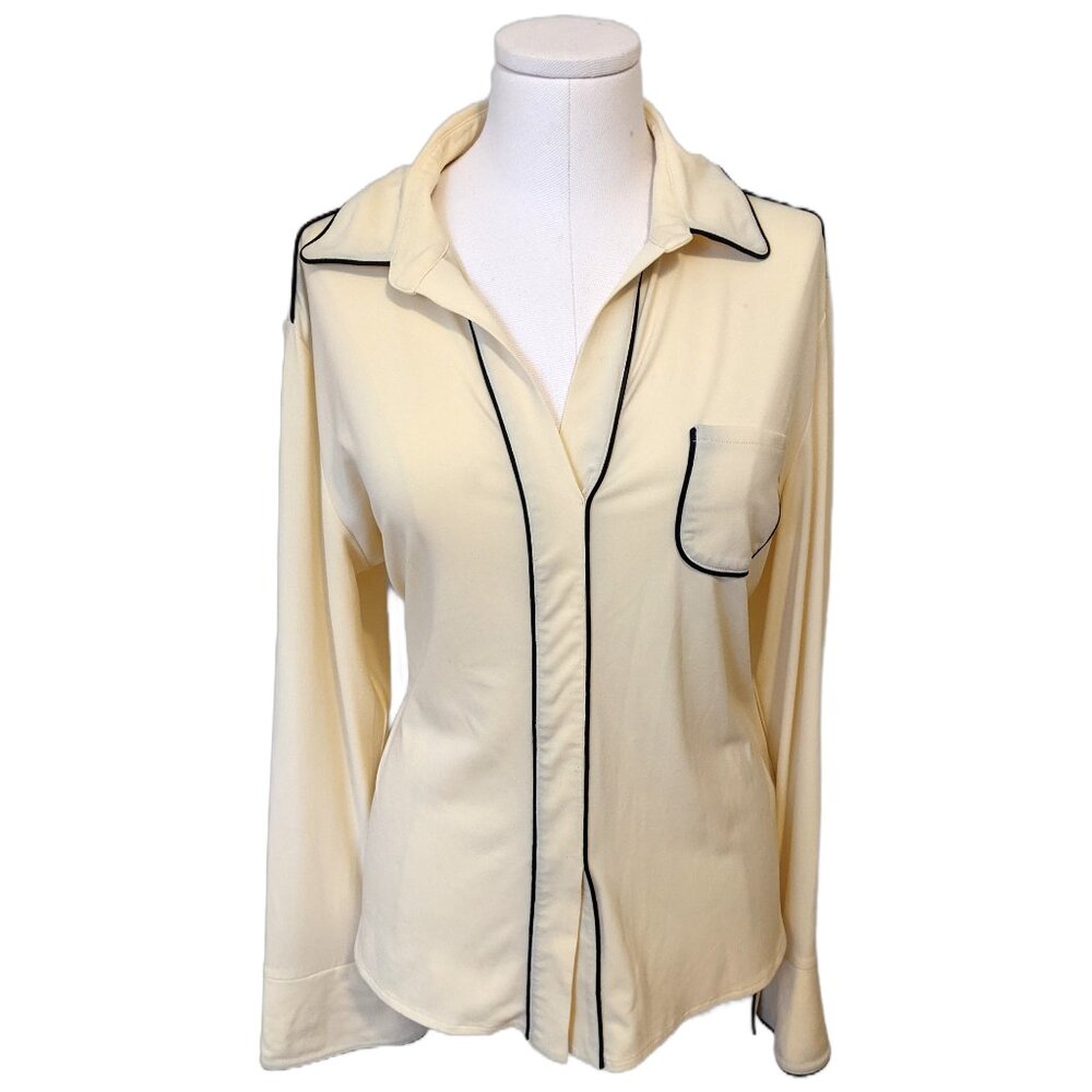 Vintage Pastel Yellow Colour Block Blouse Contrast Retro Long Sleeve Office 14
